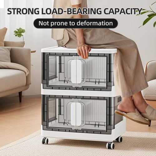 Folding Storage Organizer - Heavy-Duty Plastic Bin with Clear Door | Stackable Design, 3 Sizes (19.5/23.5/27.5in) in Black/White