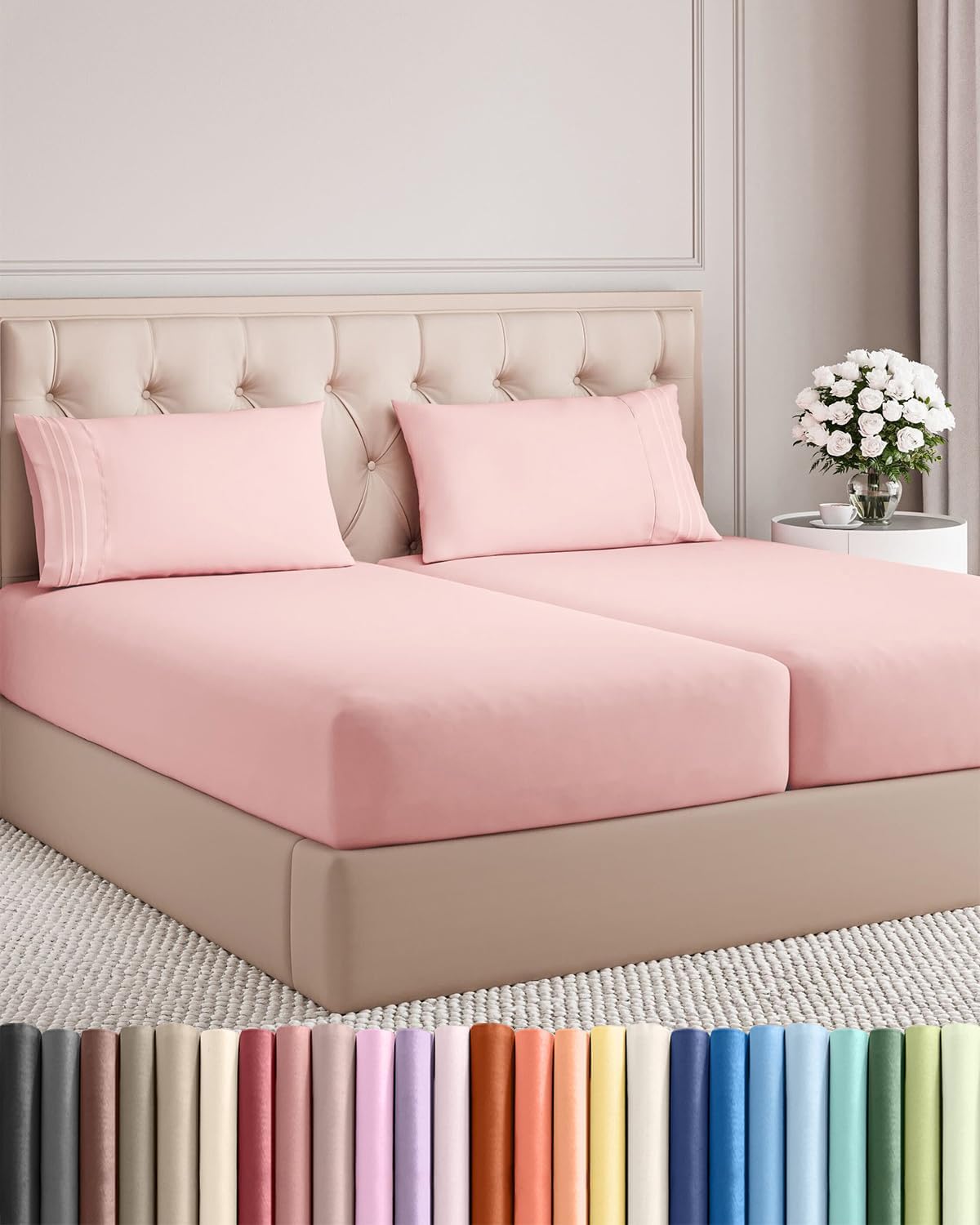 Split King Size Sheet Set by [Brand Name] - Comfy, Breathable & Cooling Luxury Bedding - Deep Pockets, Soft, Wrinkle-Free - Oeko-Tex Certified - Baby Pink