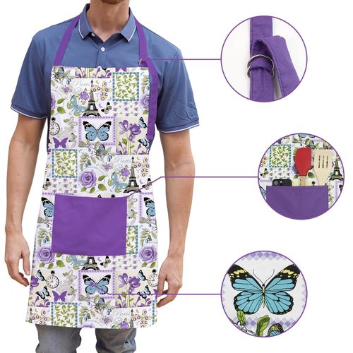MIJOTEX 5Pcs Set Apron, Oven Mitts and Pot Holders BBQ Gloves with Printed Designs Cooking Gloves for Cooking Baking Grilling (5-Piece Set) (5, Purple Butterfly)