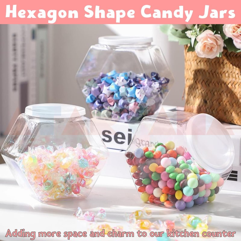 Atarvana Plastic Candy Jars 72oz Set of 4, Hexagon Candy Containers with Airtight Lids for Candy Buffet, Kitchen Storage Containers Set