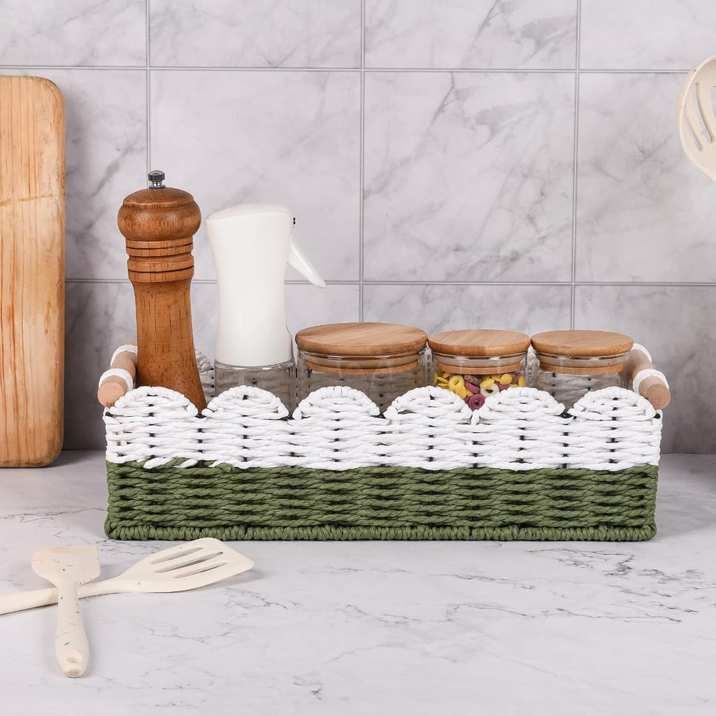 Regine Switzerland Scalloped Edge Toilet Paper Storage Basket - Handwoven Paper Rope Design | Small Size with 2 Wooden Handles