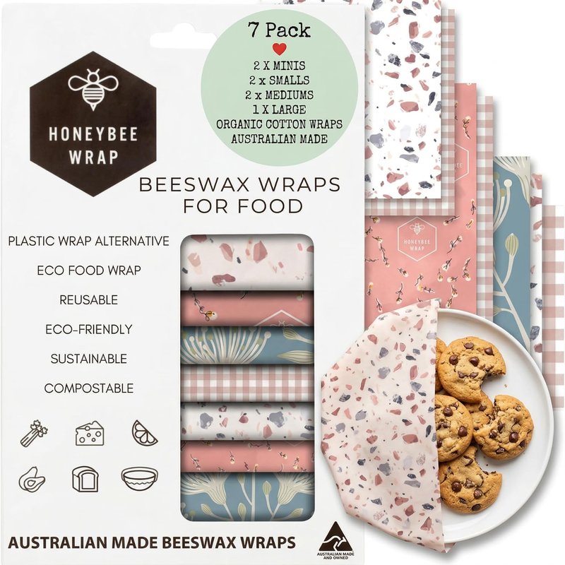 Honeybee Wrap Reusable Beeswax Wraps for Food | 7 Pack | Eco Friendly, Organic, Biodegradable, Plastic Free, Bee's Wrap Bowl Covers and Food Storage | Cling Wrap Alternative