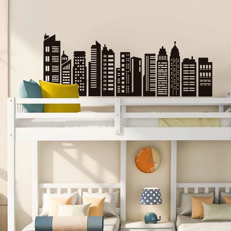 decalmile Black City Skyline Wall Stickers Silhouette Hero Wall Decals Kids Bedroom Boys Room Bathroom Wall Decor