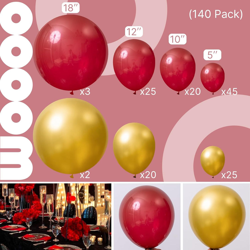 PartyWoo Ruby Red & Gold Balloons - 140-Piece Set for Stunning Balloon Garlands & Arches | 18", 12", 10", 5" Sizes