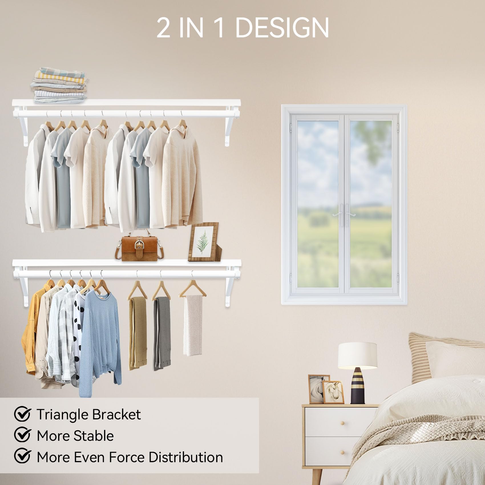 Qupui Closet Shelf with Hanging Rod, 47.2in Wall Mounted Clothes Rack with Top Shelf, Walk in Closet System, Heavy Duty Shelf with Hanging Rod for Laundry Room, Closet Storage, Garage, White