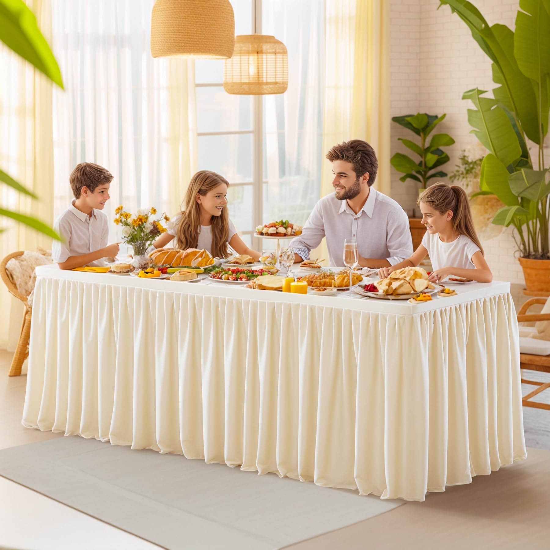 Party Talk Light Champagne Polyester Table Clothes for 4 Foot Rectangle Tables, Wrinkle Free Fitted Table Cover 4ft Stretch Tablecloths with Skirt for Parties Weddings Birthday Banquet Baby Shower