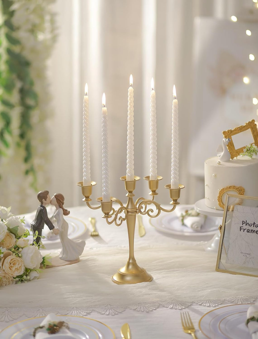 Sziqiqi Gold Candelabra | Elegant 10-Inch Table Centerpiece for Taper Candles - 5 Arms Metal Design