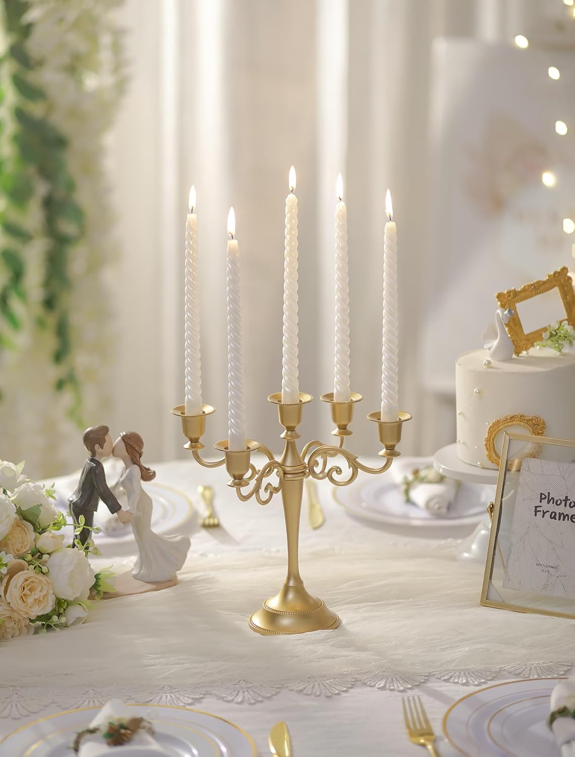 Sziqiqi Gold Candelabra | Elegant 10-Inch Table Centerpiece for Taper Candles - 5 Arms Metal Design