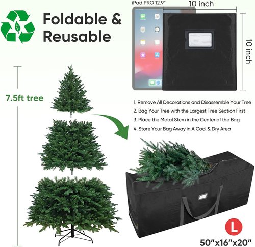 BALEINE Christmas Tree Storage Bag - Extra Large 7.5 ft Heavy Duty with Reinforced Handles & Dual Zippers | Black