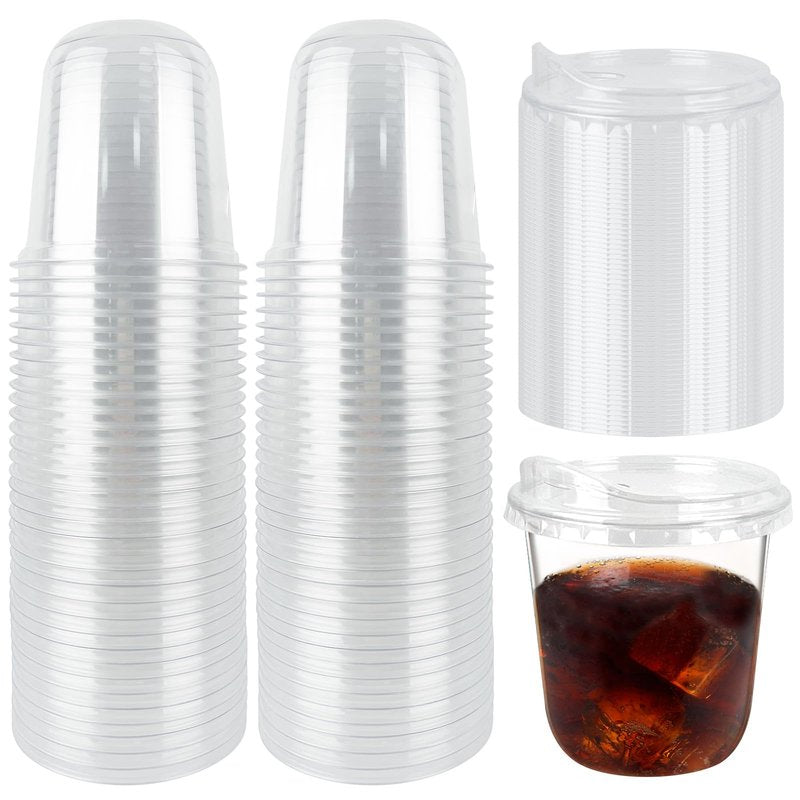 Foxtell 100 Pcs 12 Oz Clear Plastic Cups with Strawless Sip Lids Disposable Round Bottom Togo Cups for Iced Coffee Smoothie Beverage Cold Drinks Disposable Iced Coffee Cups for Party Catering BBQ