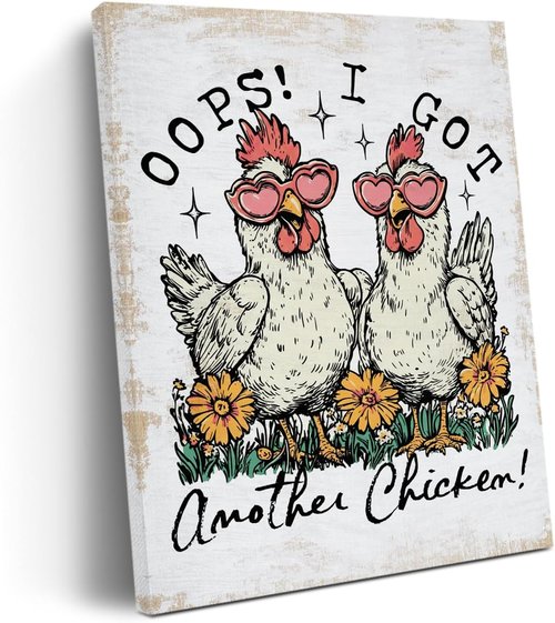 Funny Farm Animal Chicken Decor - Cute Floral Hen Canvas Wall Art | Framed 11.4x15in Ready to Hang