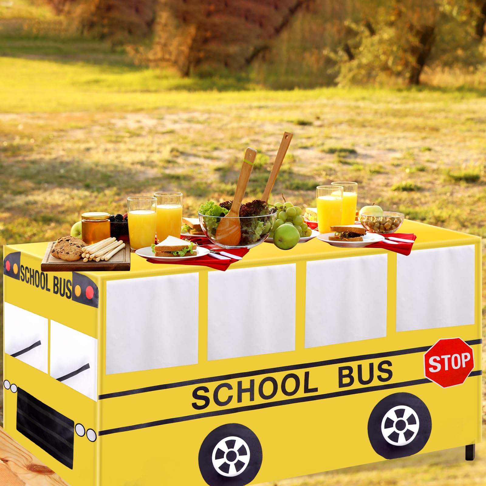 6 Ft School Bus Tablecloths Birthday Party Decorations School Bus Theme Table Cover Washable Fabric Polyester Rectangle Table Covers Protector for School Kindergarten Back to School Party Decorations