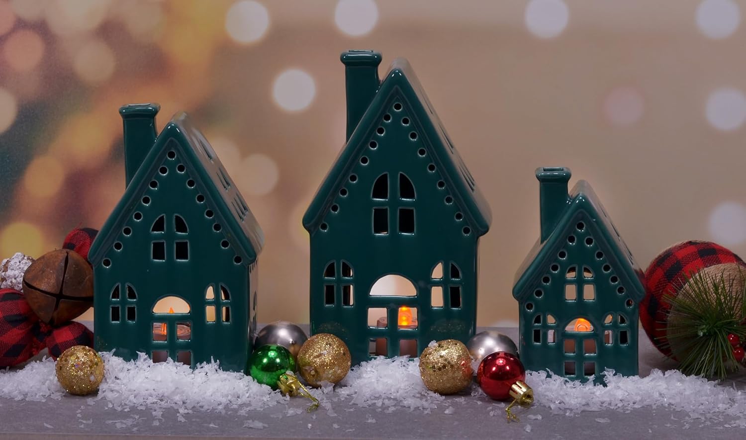 Regine Switzerland Deep Green Porcelain Holiday Tea Light Village House Figurines - Set of 3, 8 Inch