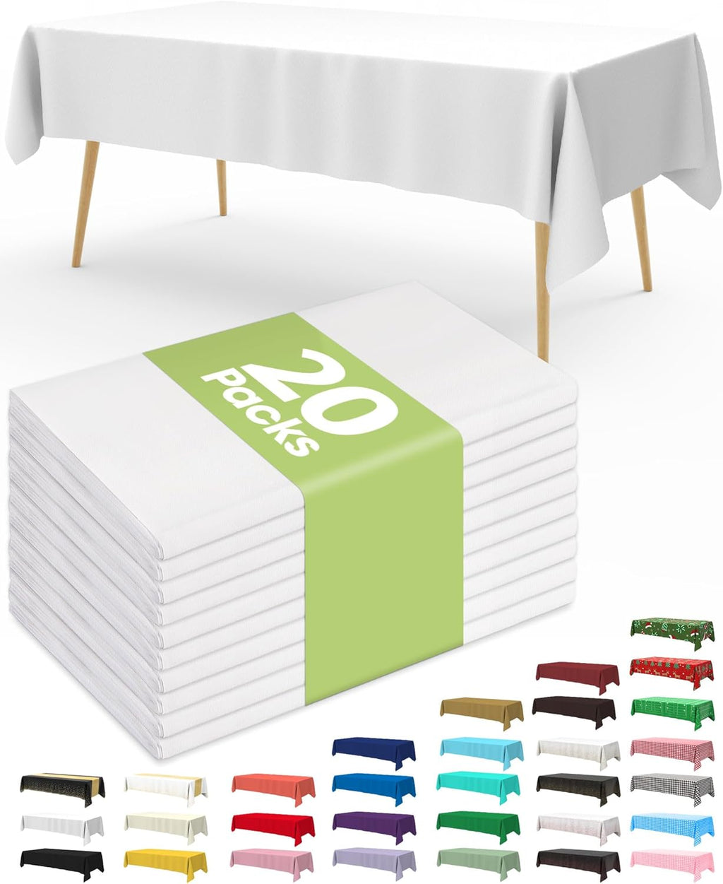 Pureegg Disposable Plastic Table Cloths - 20 Pack, 54 x 108 Inch, Sturdy & Leakproof for Parties, Weddings, Picnics | White