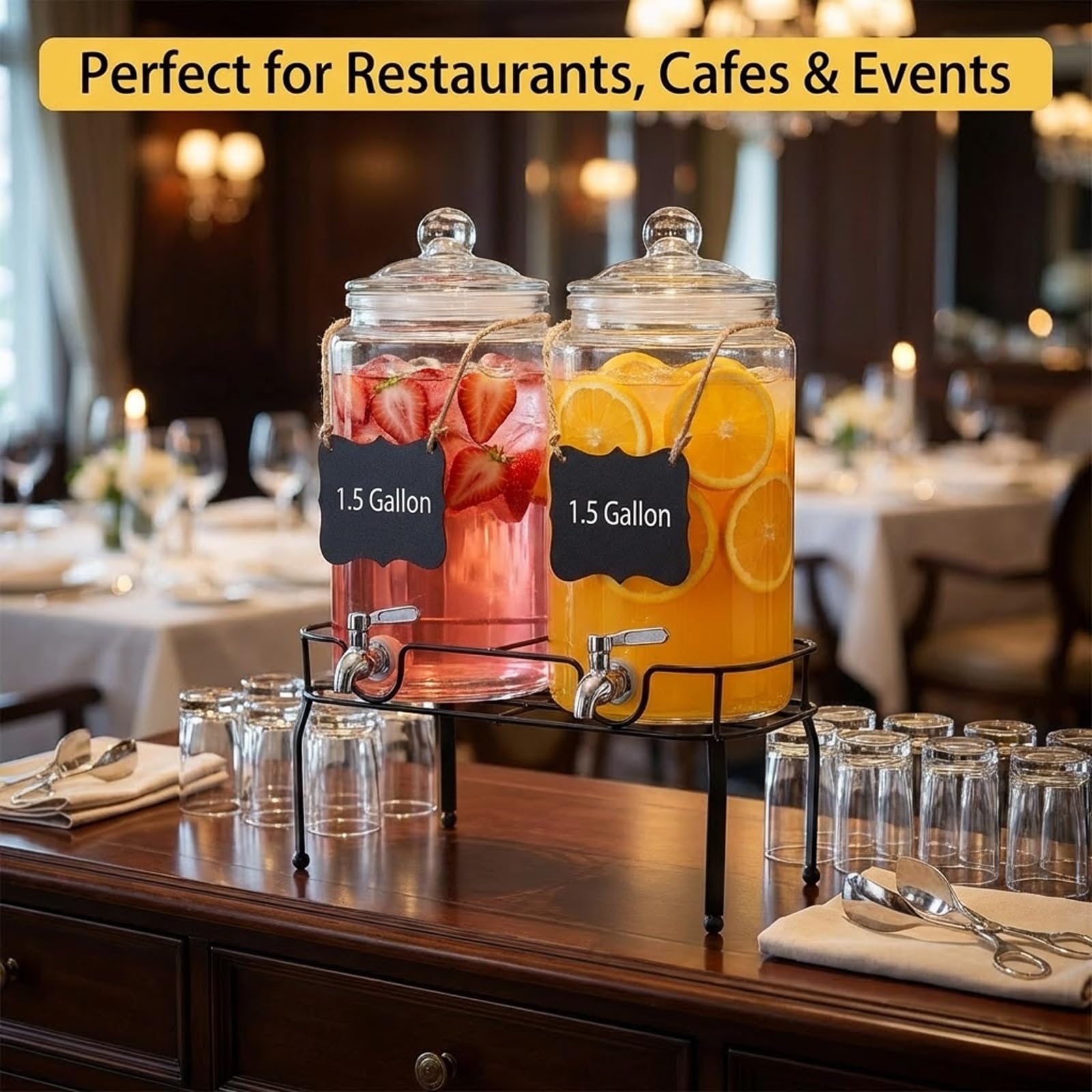 1.5 Gallon Glass Drink Dispenser Set of 2, Drink Dispensers for Parties, Beverage Dispenser with Stand and Glass Lid, 100% Leakproof Spigot, Ideal for Lemonade, Juice, Laundry Detergent