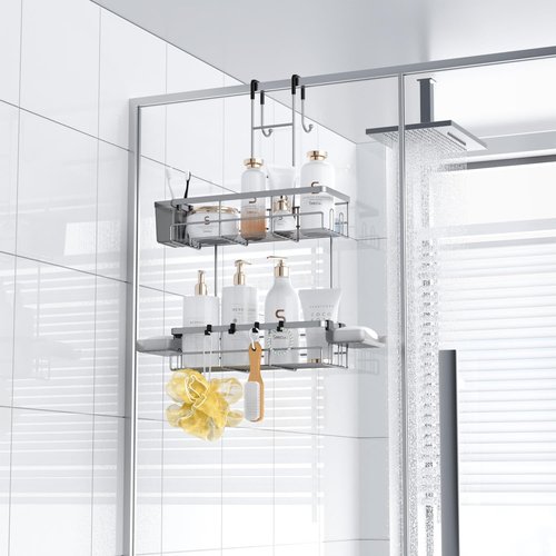 Aitatty Hanging Shower Caddy - Rustproof Over-Door Organizer | No-Drill Bathroom Rack in Silver