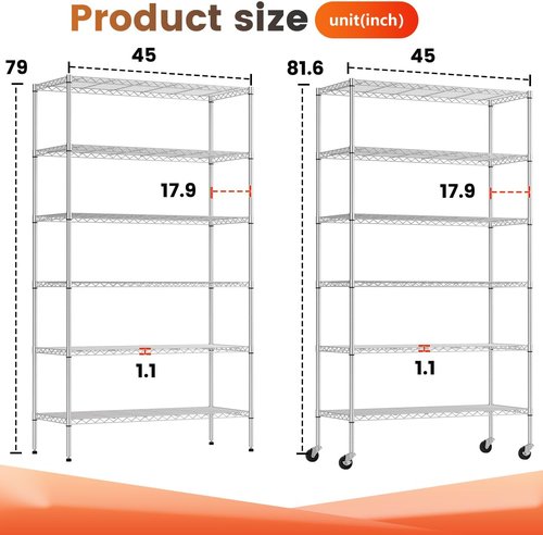 BestOffice 6-Tier Wire Storage Shelves with Wheels - Heavy-Duty Metal | Adjustable Chrome Racks | 18x45x82 | Holds Up to 2100 lbs | Easy No-Tool Assembly for Home & Garage