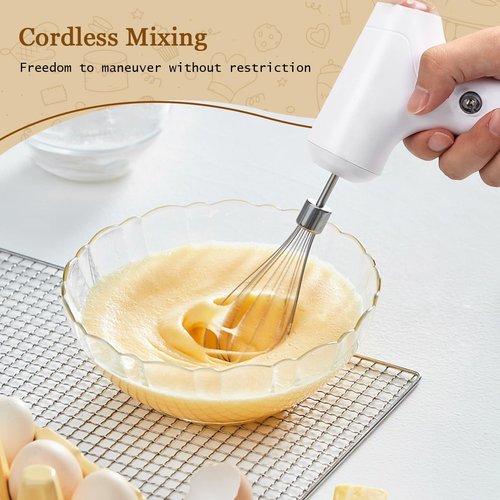 CHIDOYII Cordless Hand Mixer, Handheld Electric Whisk with 3 Speed Modes, Hand Held Egg Beater with 2 Detachable Stir Whisks (White Silver)