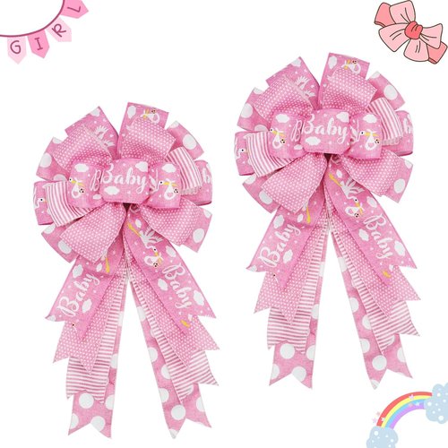 Montekin Large Baby Shower Bows - 20x11 Inch Wired Burlap Wreath Bow for Boys & Girls | Pink 2-Pack