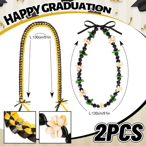 FYSUIMU Graduation Ribbon Lei - Handmade Black & Gold Kukui Nut Necklace for College Grads
