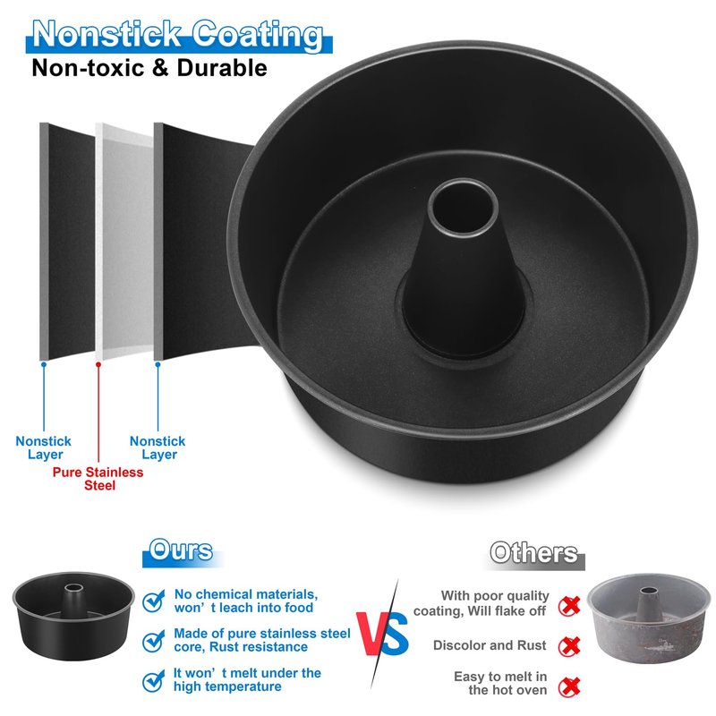 TeamFar 10 Inch Angel Food Cake Pan, Non-Stick Coating Stainless Steel Core Pound Cake Pan with Tube, Healthy & Heavy-Duty, One-piece & Hollow Design, Release Easily & Easy Clean, Set of 2