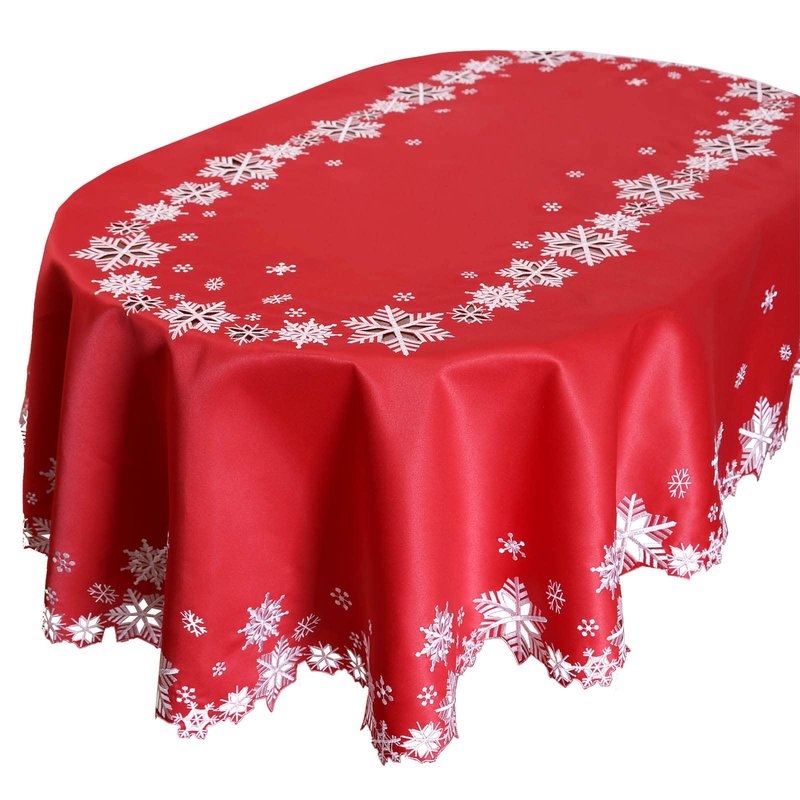 Simhomsen Embroidered Snowflakes Tablecloths for Christmas Holiday and Winter (Oval 57 × 102 inches, Red)
