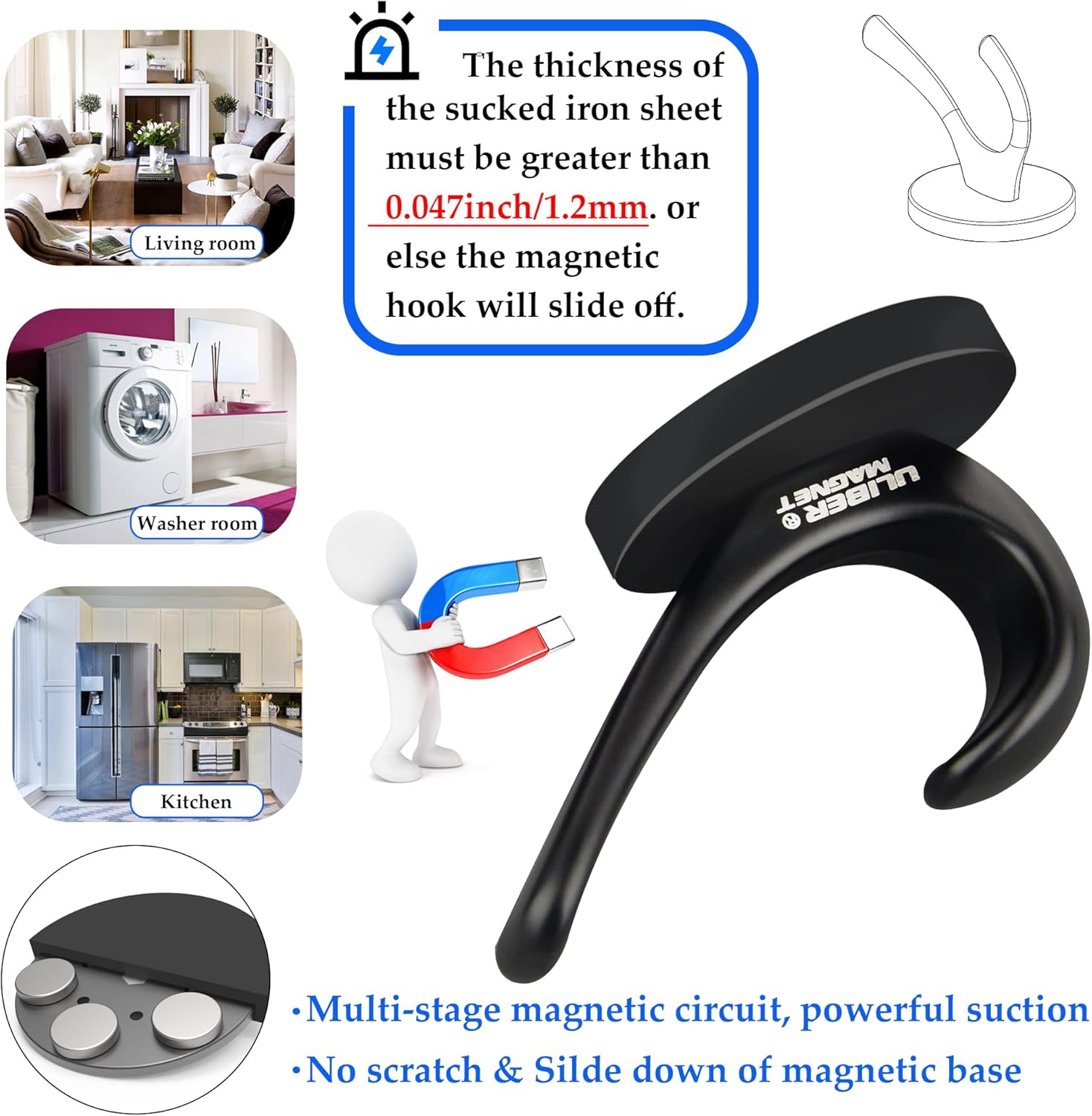 ULIBERMAGNET Strong Magnetic Coat Hooks - Heavy Duty Double Hooks for Coats, Towels & Keys | Black, 2 Pack