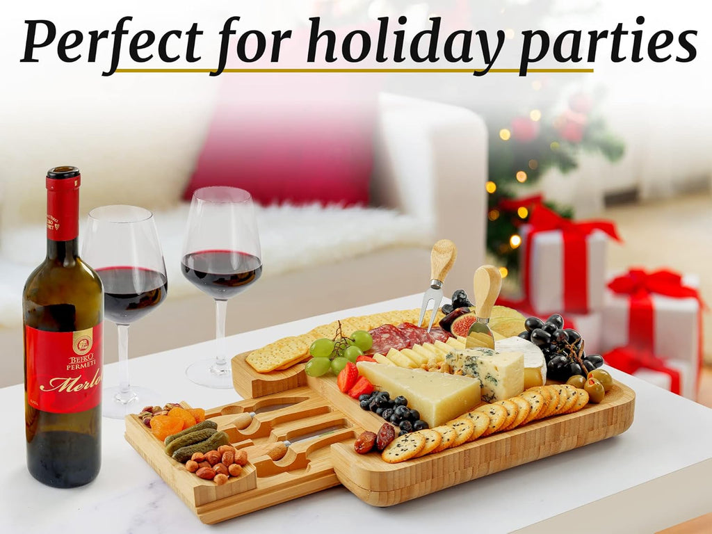 Zulay Kitchen Premium Bamboo Cheese Board Set - Extra Thick Charcuterie Board with 4 Knives | Perfect for Wine & Cheese Lovers