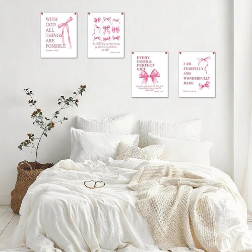 Hapons Coquette Pink Bow Wall Art Decor | Inspirational Bible Verses for Teen Girls' Rooms | 8"x10" Unframed Prints (4 PCS)