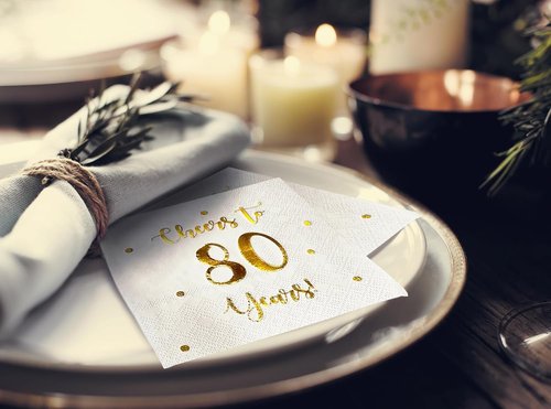 Cheers to 80 Years Cocktail Napkins - 50-Pack 3-Ply White Napkins for 80th Birthday & Anniversary Celebrations | 5 x 5 Inch