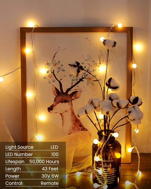 Globe String Lights - 43 Ft 100 LED Fairy Lights with Remote & Timer | Warm White Twinkle Decor for Indoor/Outdoor Use