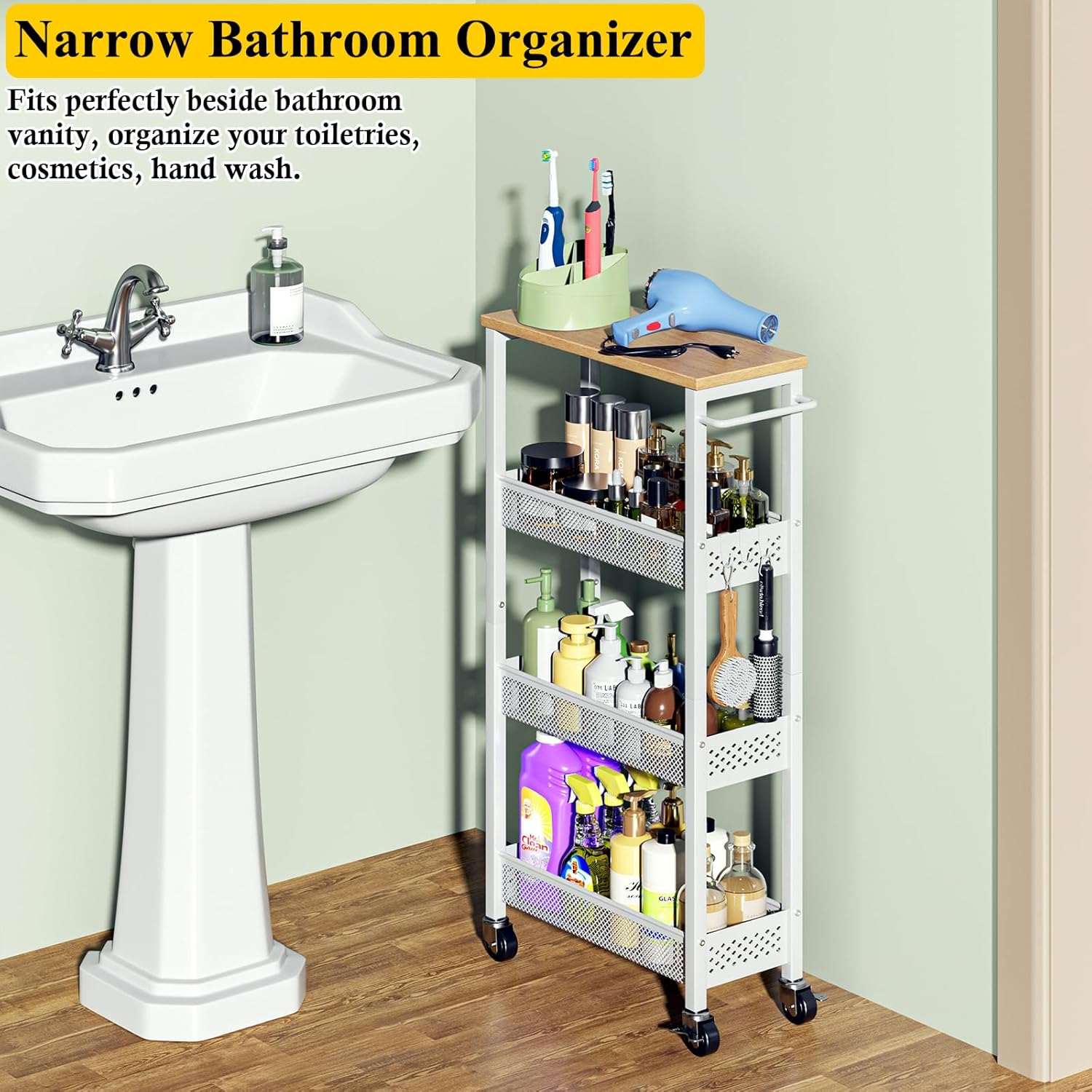 OKZEST Slim Rolling Storage Cart - 4 Tier Mobile Organizer with Wood Top for Kitchen & Laundry | Narrow Design