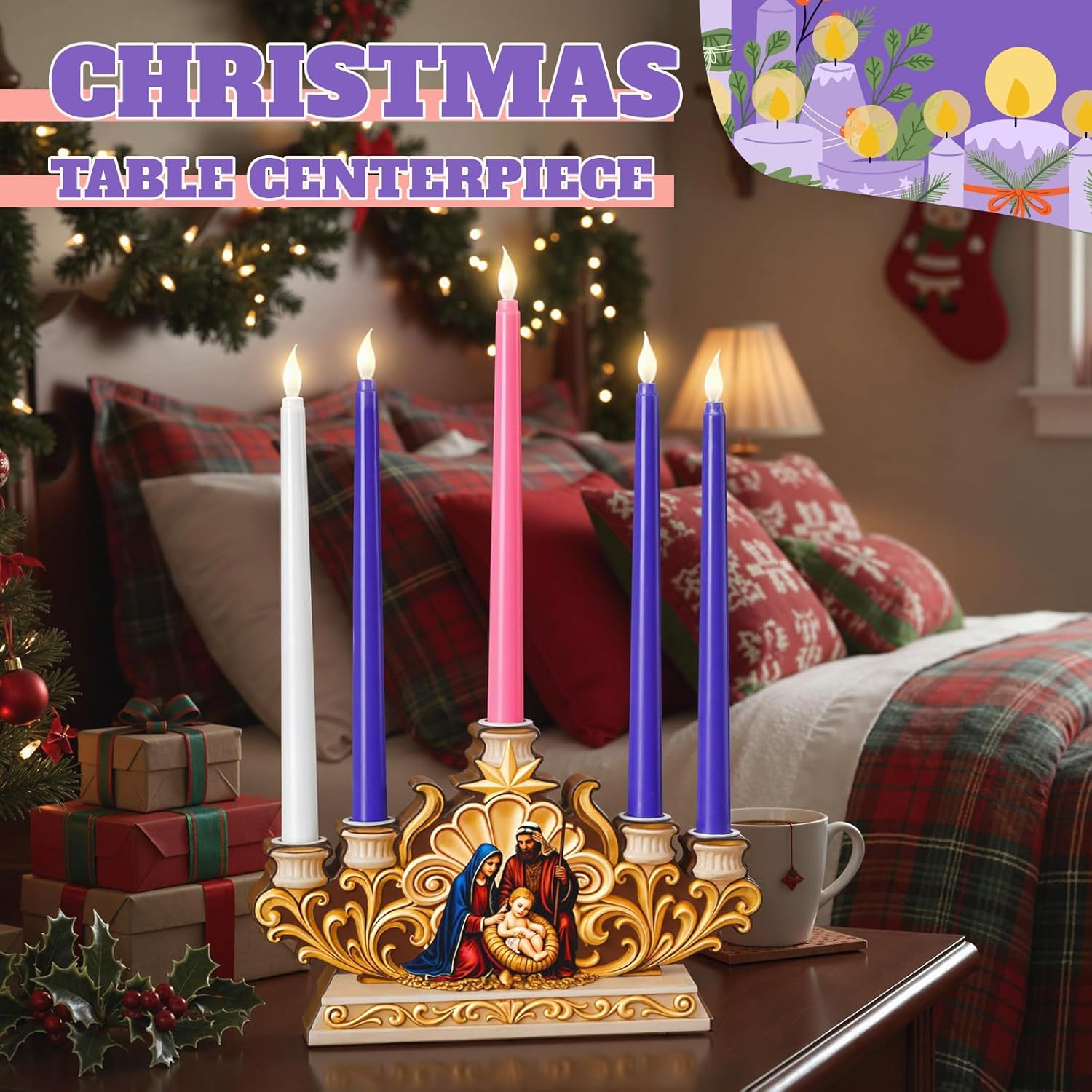 Qinyoung Advent Candle Holder - 5 Pcs Flameless Candles with Nativity Scene | Religious Table Decor