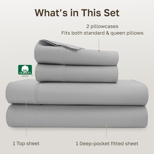 California Design Den Queen Size Cotton Sheets Set - 100% Soft Cotton, 400 TC, Silky Smooth, Deep Pockets - Light Grey