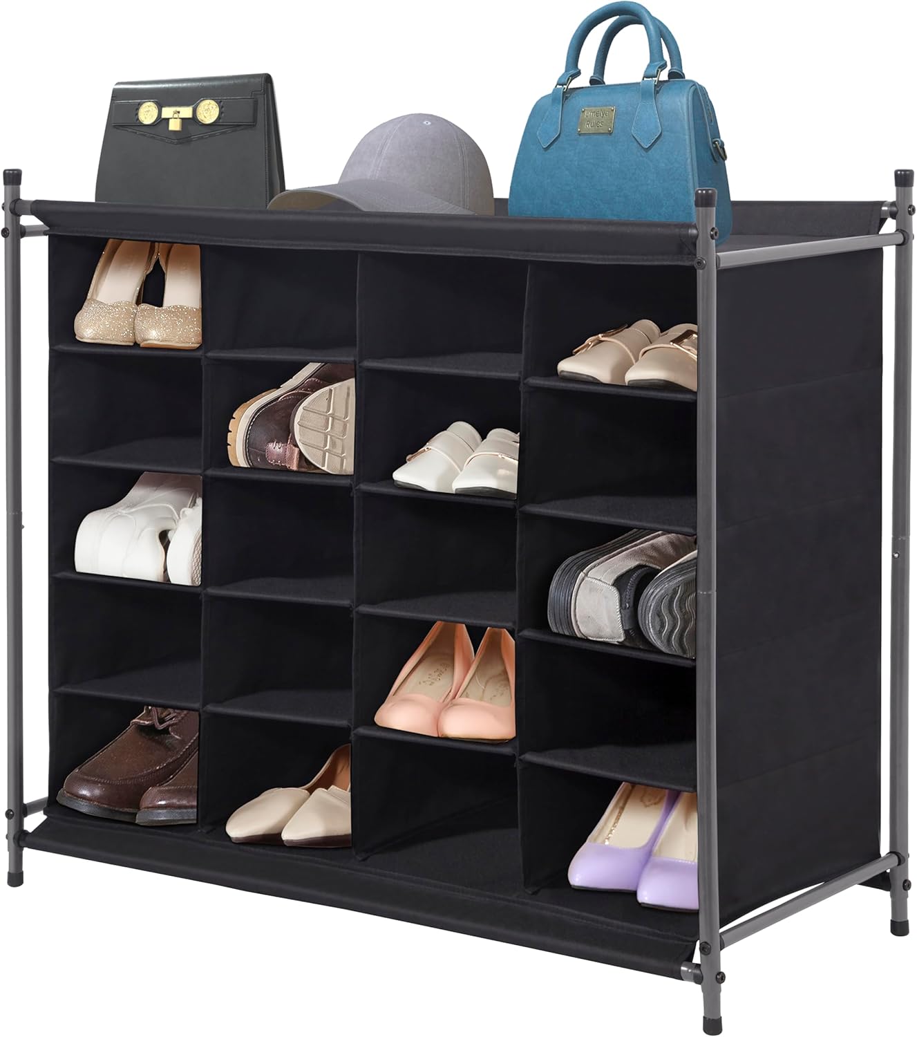 Storage Maniac Stackable Shoe Cubby Organizer - 20-Cube Free Standing Rack for Entryway & Closet - Black