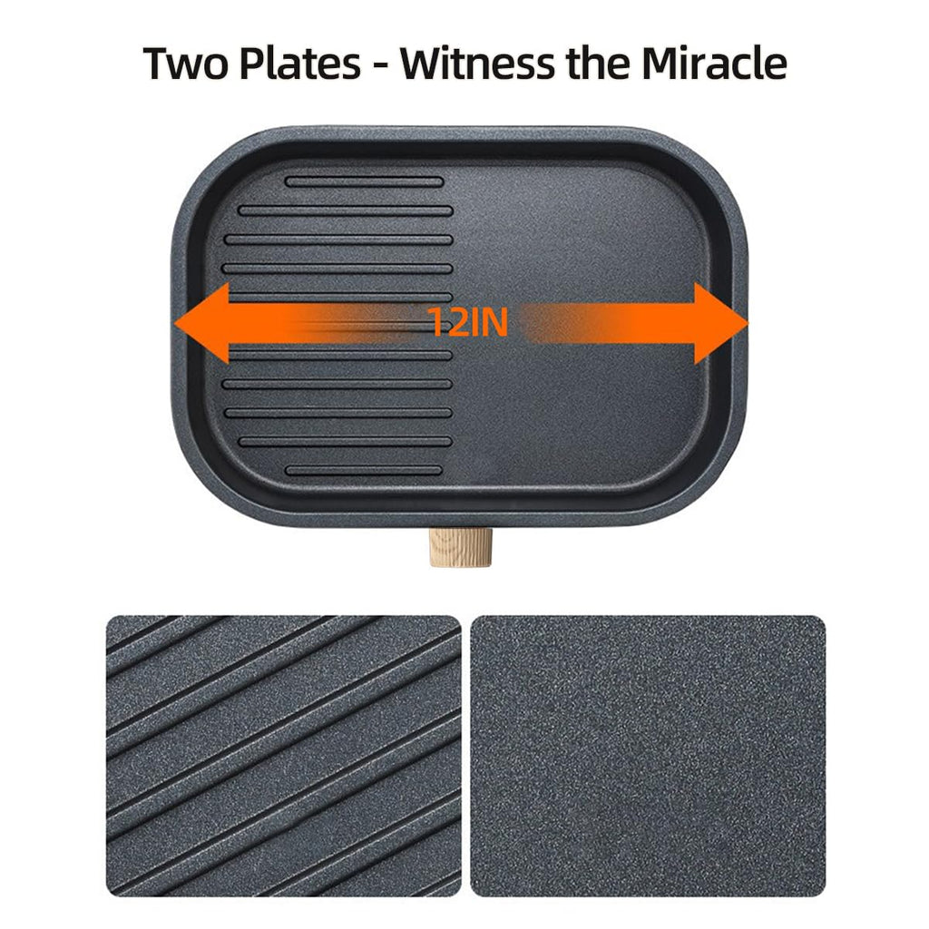 AORAN 600W Dual-Zone Electric Skillet - 12x8 Inch Nonstick Griddle Pan with Flat & Ribbed Grill Sections, Fast Heating, Smoke-Free Design, Includes Lid/Oil Brush/Food Tongs (Stainless Steel) White