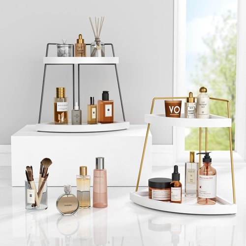 Forbena Corner Bathroom Organizer - 2-Tier Countertop Storage for Makeup & Skincare | White & Gold