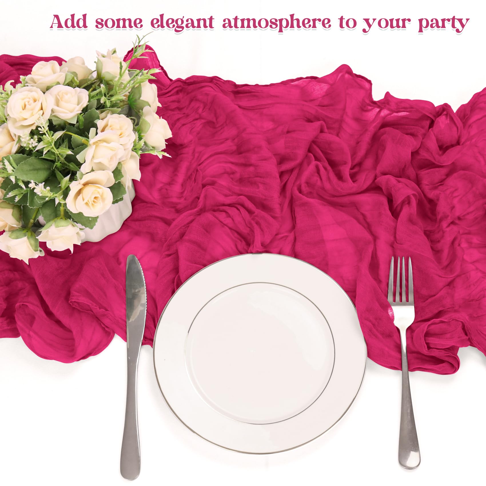 10 Pack Cheesecloth Table Runner 6FT Boho Gauze Rustic Fabric Table Runner Vintage Sheer Tablecloth for Wedding Party Bridal Baby Shower Long Table Decorations (Fushia)