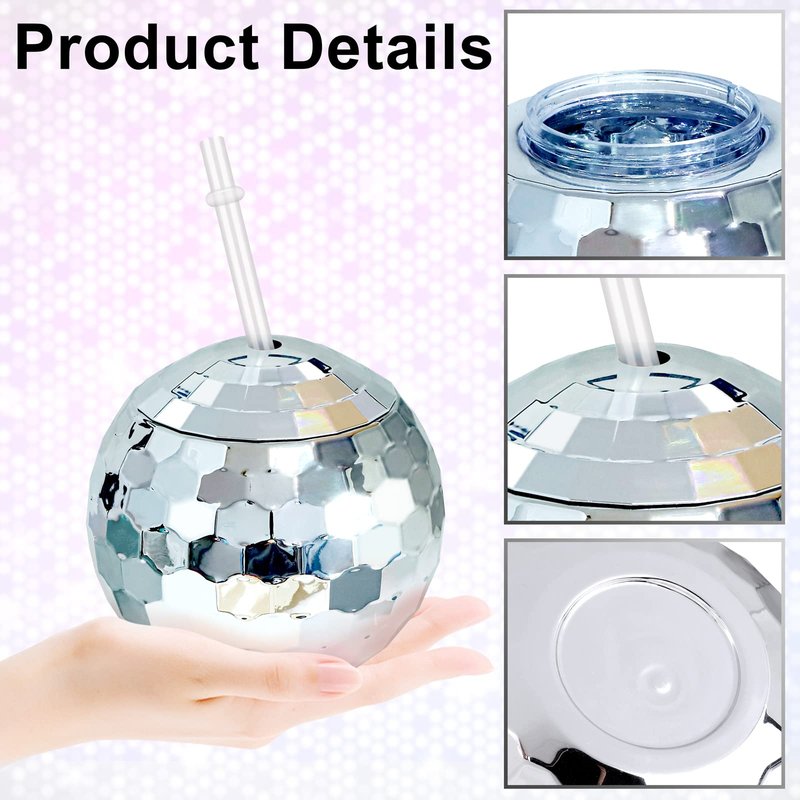 Breroa 6-Piece Disco Ball Cup Set with Lid, Straw & Sparkly Glitter - 20oz Mirrored Cocktail Drink Tumblers for Disco Bar Party Supplies, Silver