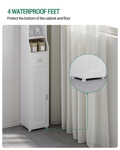 HEXCELEN Bathroom Storage Cabinet, Narrow Tall Bathroom Cabinet, Freestanding Floor Cabinets with 2 Doors and 1 Drawer, Toilets Organizer with Adjustable Shelf, 1 Hook for Small Spaces, White