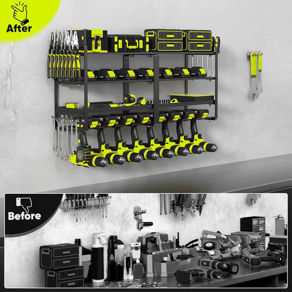 POKIPO 33" W Heavy-Duty Power Tool Organizer - Wall Mount Storage for 8 Drills & Batteries | Ideal for Garage & Workshop
