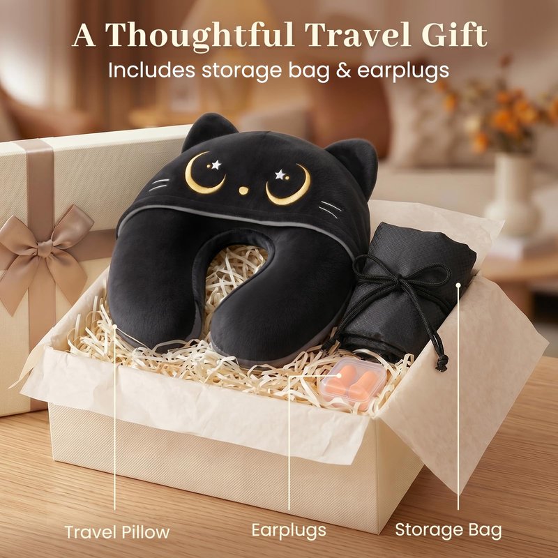 Mewaii Travel Neck Pillow with Hood for Airplanes,Memory Foam,Breathable Ice Silk & Soft Velvet,Double-Sided,Removable to Clean,Adjustable Strap,Portable Travel Pillow for Long Flights Adults & Teens
