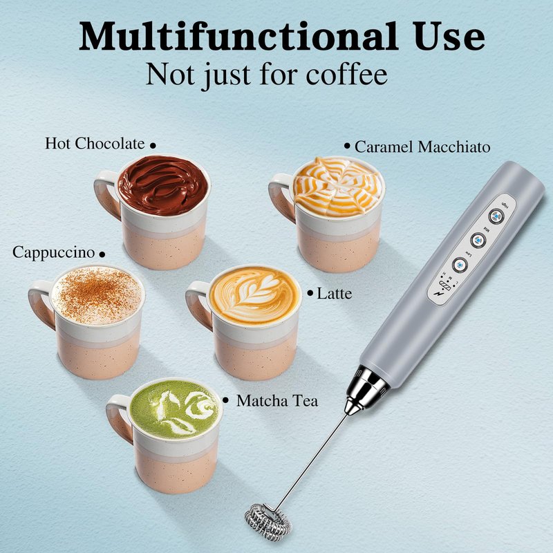 BSRGMS Milk Frother Handheld for Coffee, Electric Whisk 3 Speed Adjustable, Drink Mixer with Stainless 3 Whisks, Rechargeable Hand Frother Wand, for Latte Cappuccino Hot Chocolate Egg Cement Gray