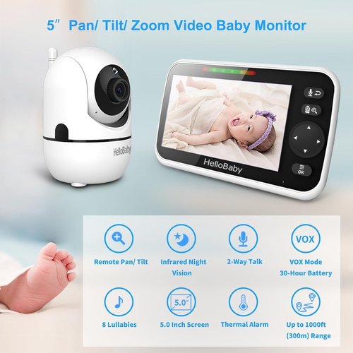 HelloBaby Baby Monitor - 5" Screen, 30-Hour Battery, Night Vision, 2-Way Talk, 1000ft Range, HB6550