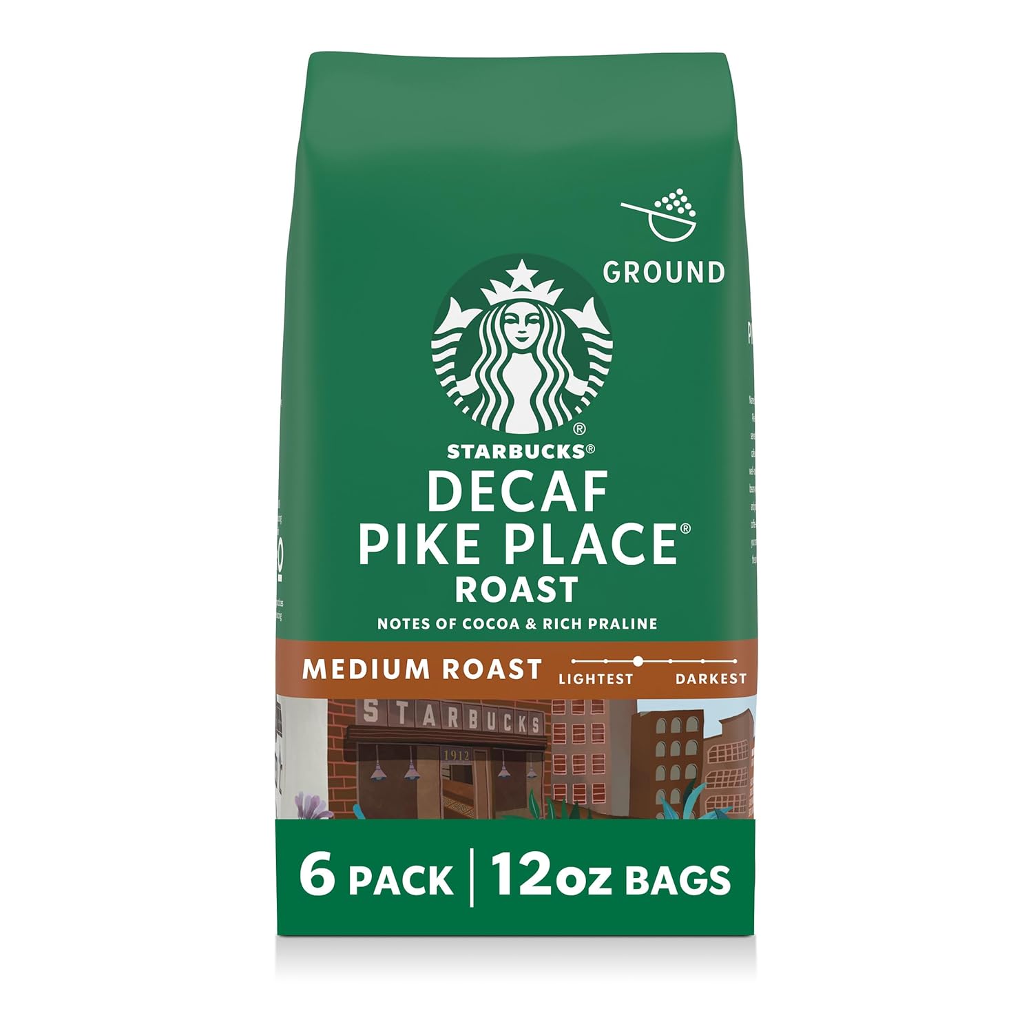 Starbucks Ground Coffee - Medium Roast Decaf Pike Place | Six 12 oz Bags for Hot or Iced Coffee