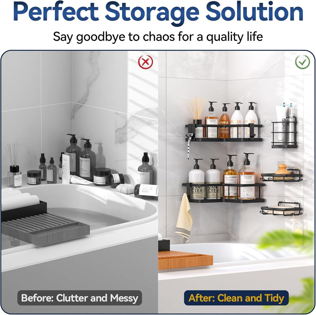 YASONIC Corner Shower Caddy - 5-Pack Rustproof Stainless Steel Organizer with Soap Holder | No-Drill, Black