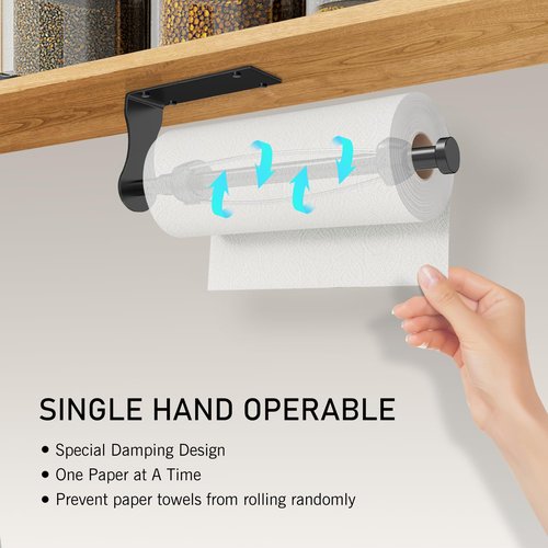 SetSail Paper Towel Holder Under Cabinet Easy Tear Wall Mount Self-Adhesive or Drilled for Kitchen Bathroom Black 2 Packs