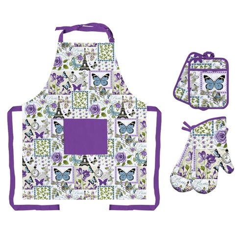 MIJOTEX 5Pcs Set Apron, Oven Mitts and Pot Holders BBQ Gloves with Printed Designs Cooking Gloves for Cooking Baking Grilling (5-Piece Set) (5, Purple Butterfly)