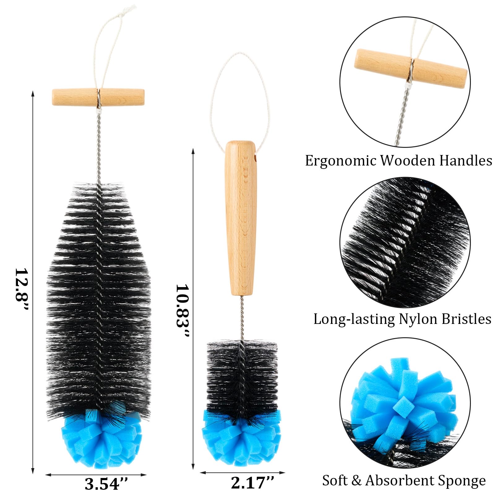 Mimorou 2 Pack Sponge Bottle Brush Compatible with SodaStream, Soda Bottle Cleaner Brush with Gentle & Anti-Scratch Bristles, Wood Handle for Glassware Cleaning, Black
