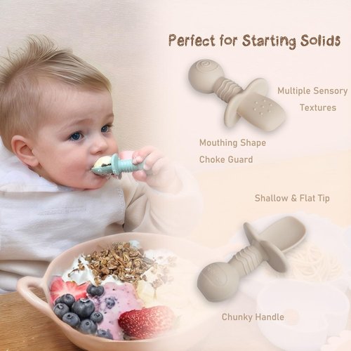 Ginbear Platinum Silicone Baby Spoons - Non-Toxic Self-Feeding Utensils for Infants | 4-Pack in Dark Sage/Ivory